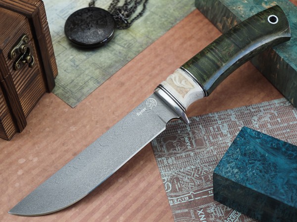 Нож Турист, клинок из тигельного булата, рукоять стабилизированная карельская береза, элфорин