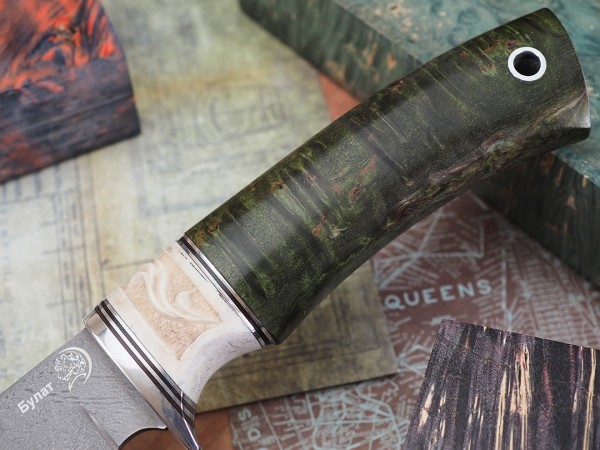 Нож Турист, клинок из тигельного булата, рукоять стабилизированная карельская береза, элфорин