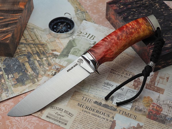 Нож Лиса, клинок из стали Bohler М390, рукоять литье мельхиор, стабилизированный кап клена