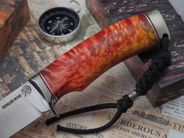 Нож Лиса, клинок из стали Bohler М390, рукоять литье мельхиор, стабилизированный кап клена